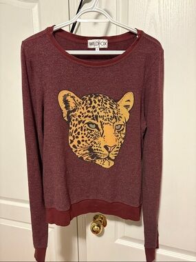 Wildfox Burgundy Pullover with Mustard Leopard Graphic